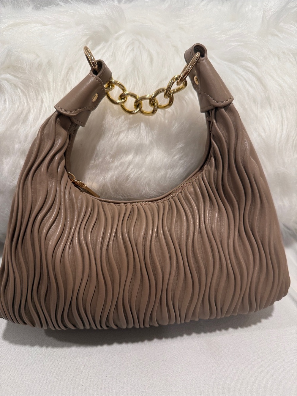 Ruched Dark Beige Small HandBag with Gold Chain Handle